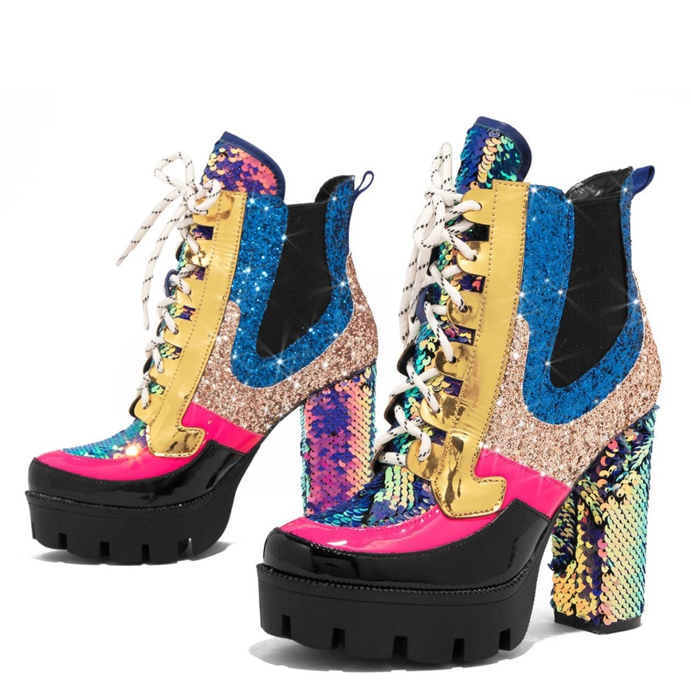 NEW🔥 Sequin Glitter Combat Platform Heel Booties - Picture 2 of 4